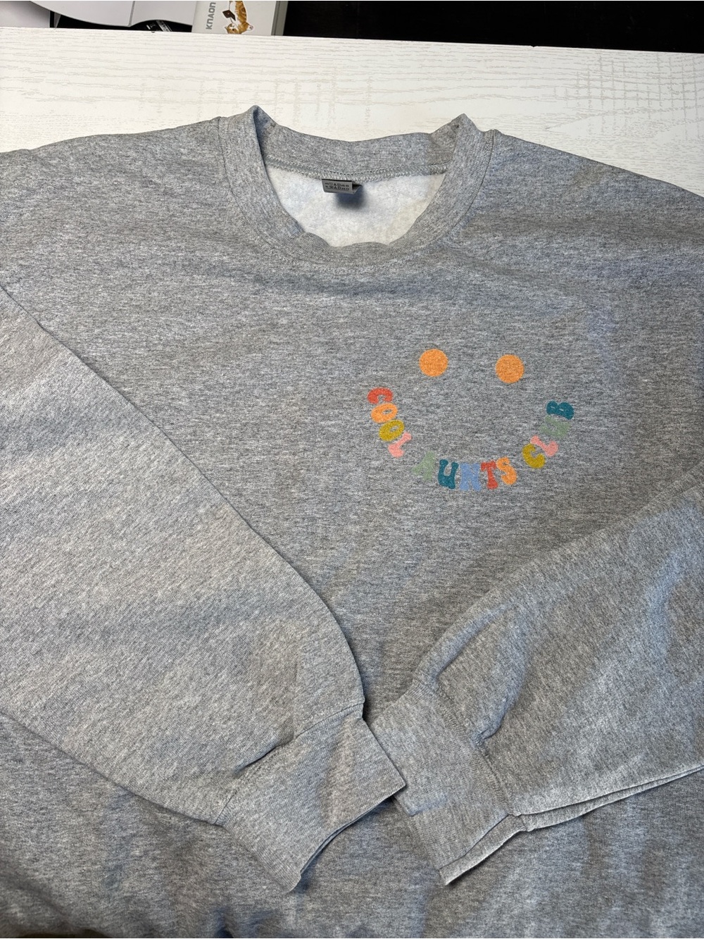 Gray Crewneck Sweatshirt with Colorful Smiley Graphic cool aunt club